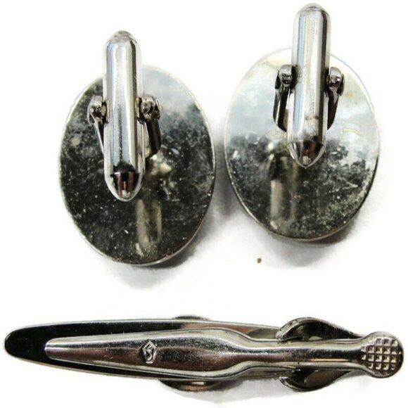 Swank Cufflinks Tie Bar Set Silver Tone Black Stone Tux Shirt Dress Suit Vintage - Picture 6 of 6